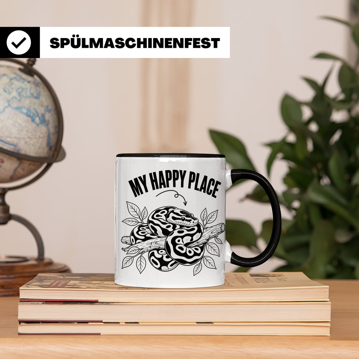 Königspython Tasse My Happy Place Geschenk für Schlangenhalt – Schwarz [farbe:schwarz]