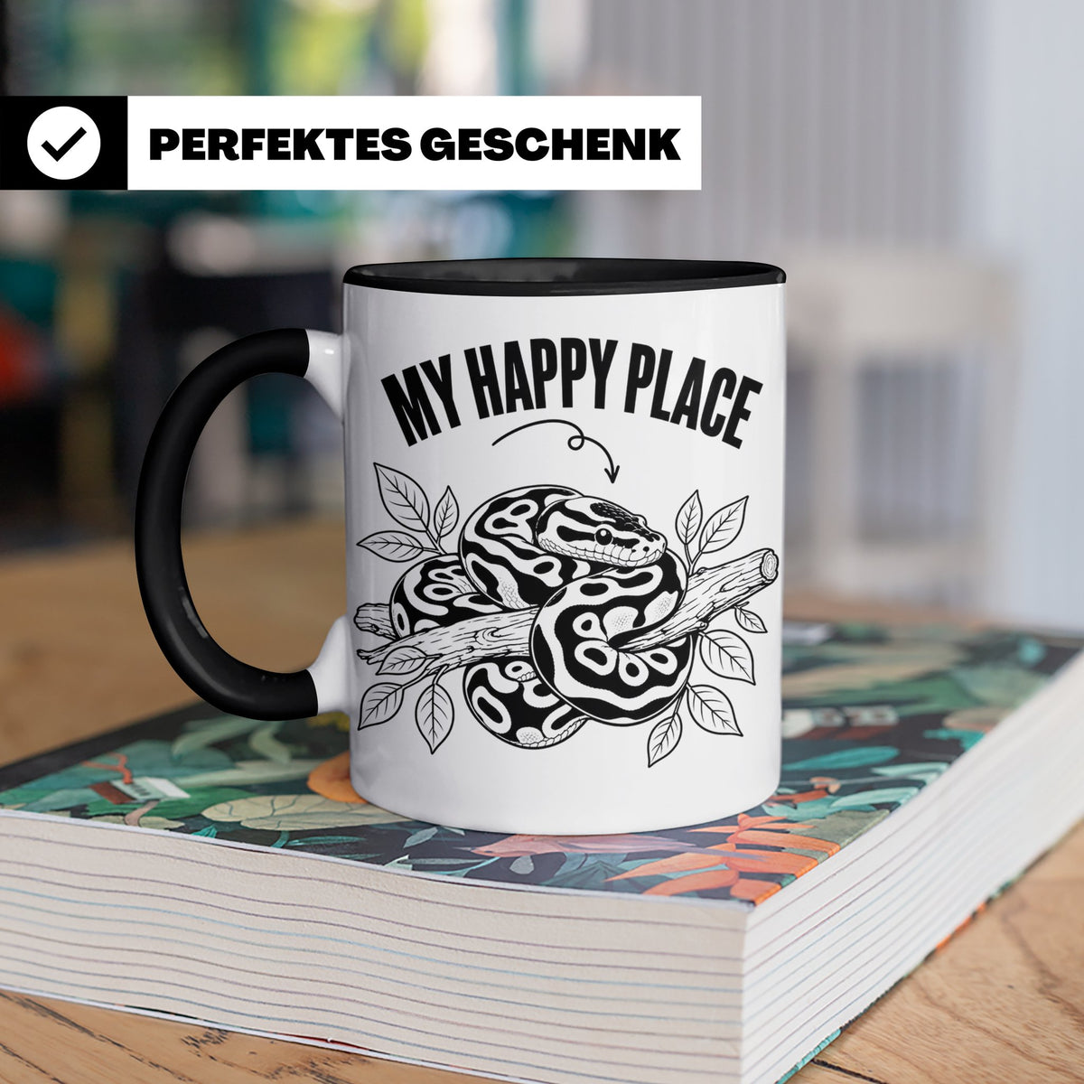 Königspython Tasse My Happy Place Geschenk für Schlangenhalt – Schwarz [farbe:schwarz]