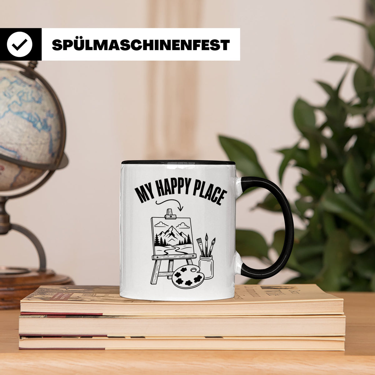 Maler Tasse My Happy Place mit Staffelei & Landschaftsmotiv  – Schwarz [farbe:schwarz]