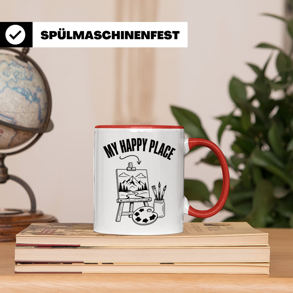 Maler Tasse My Happy Place mit Staffelei & Landschaftsmotiv  – Rot [farbe:rot]