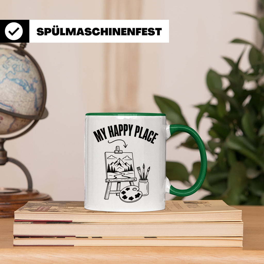 Maler Tasse My Happy Place mit Staffelei & Landschaftsmotiv  – Grün [farbe:grün]