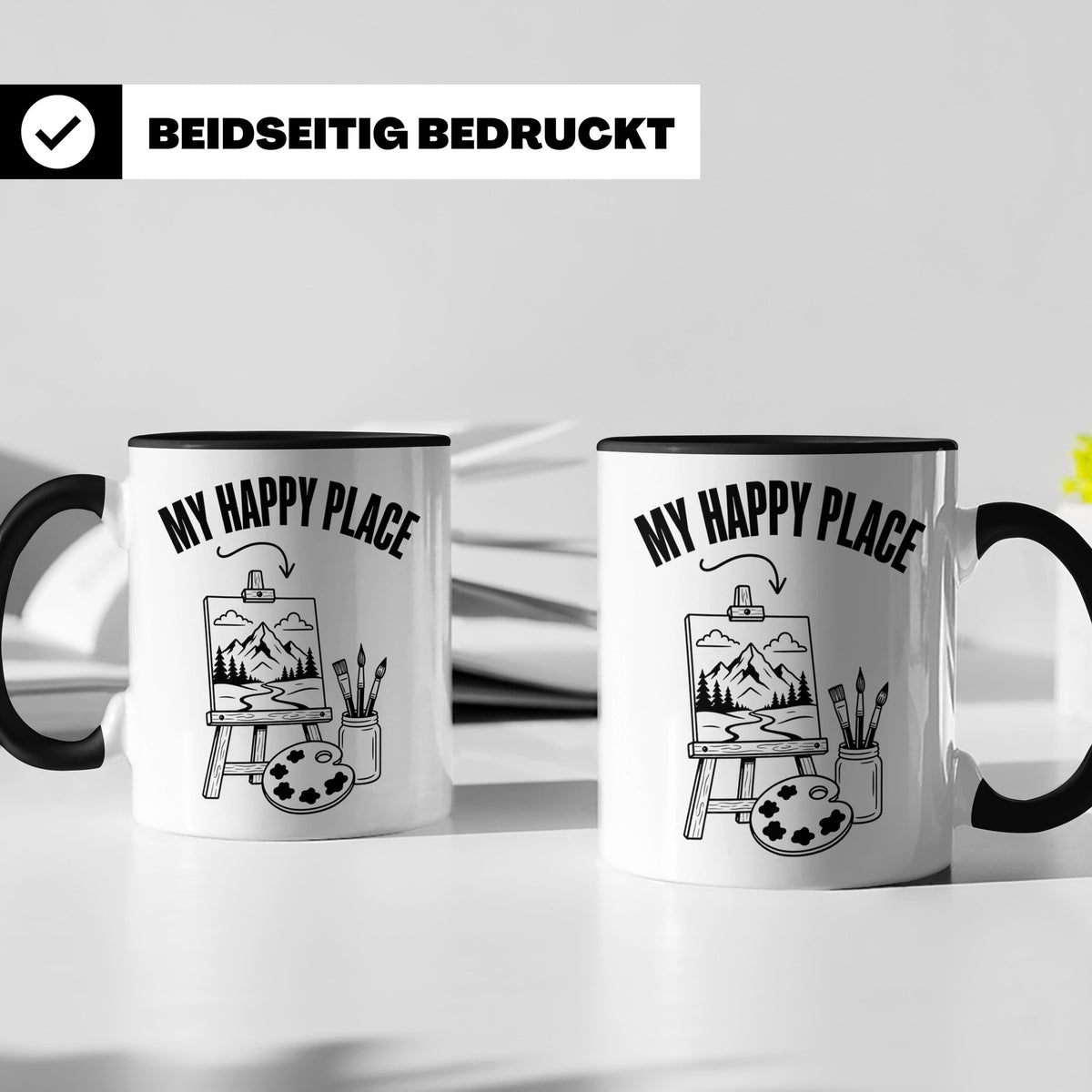 Maler Tasse My Happy Place mit Staffelei & Landschaftsmotiv  – Schwarz [farbe:schwarz]
