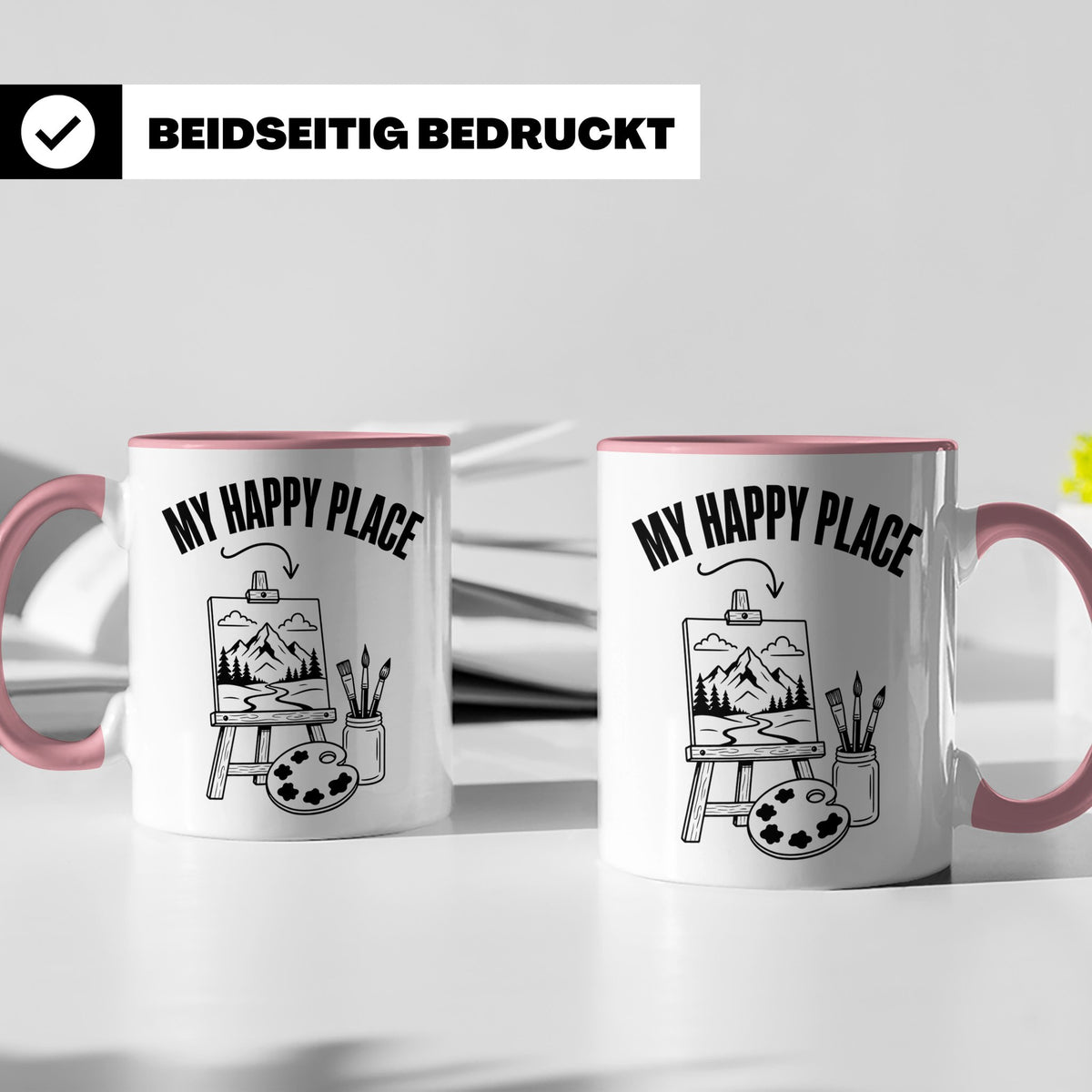 Maler Tasse My Happy Place mit Staffelei & Landschaftsmotiv  – Rosa [farbe:rosa]