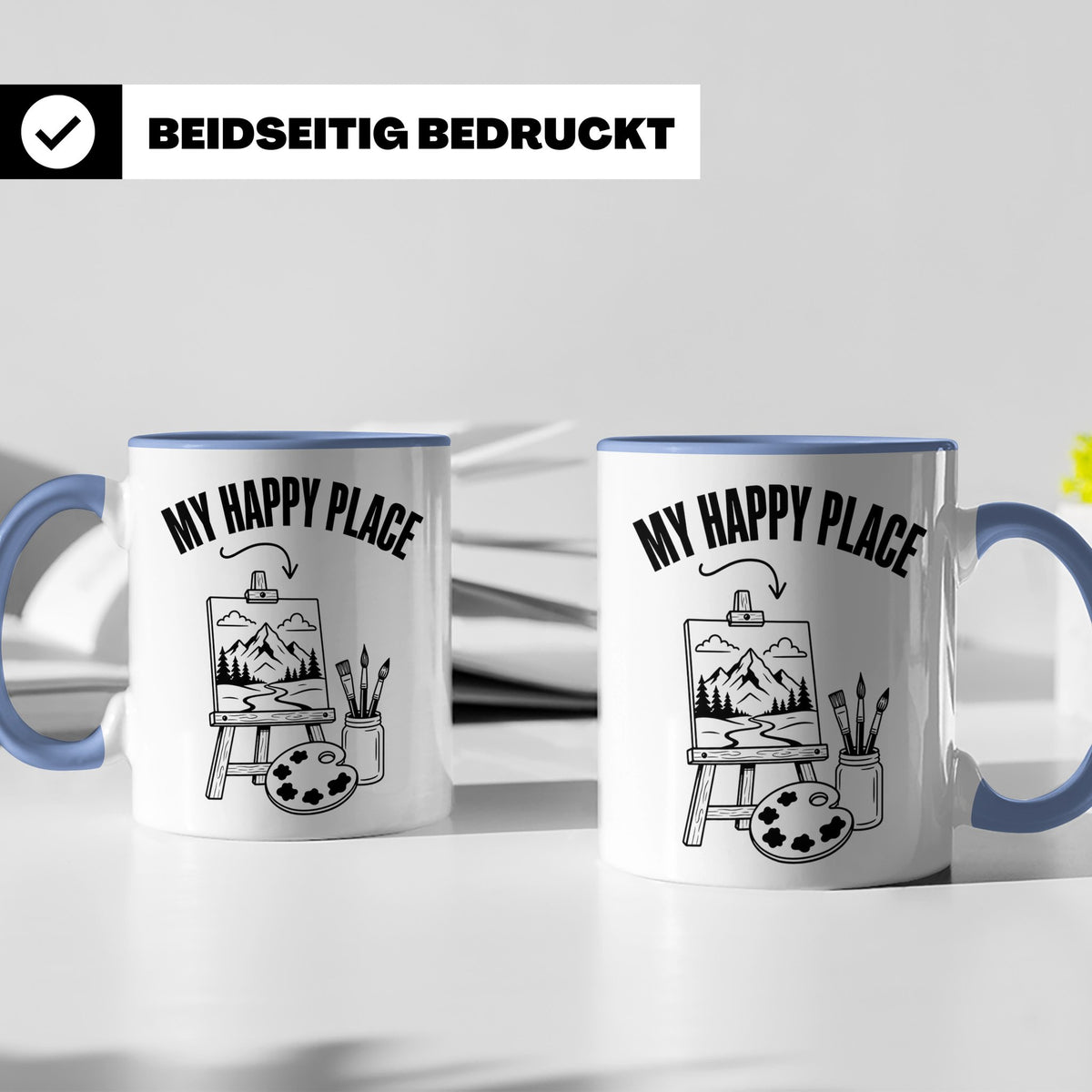 Maler Tasse My Happy Place mit Staffelei & Landschaftsmotiv  – Blau [farbe:blau]