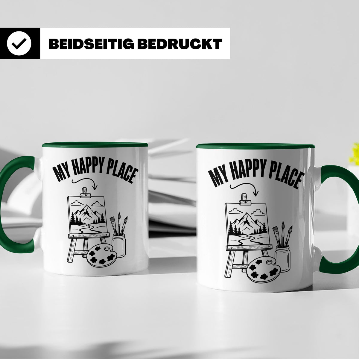 Maler Tasse My Happy Place mit Staffelei & Landschaftsmotiv  – Grün [farbe:grün]