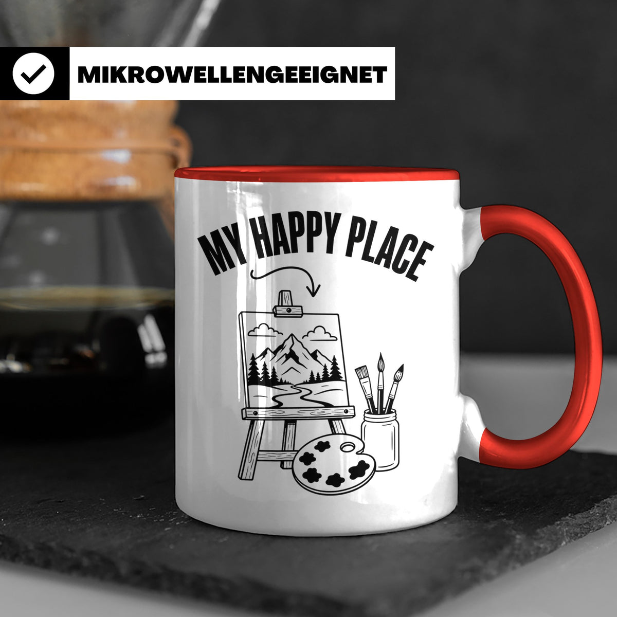 Maler Tasse My Happy Place mit Staffelei & Landschaftsmotiv  – Rot [farbe:rot]