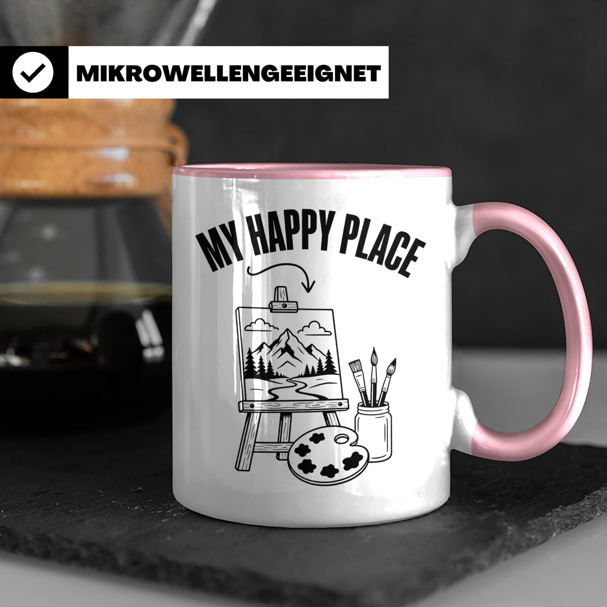 Maler Tasse My Happy Place mit Staffelei & Landschaftsmotiv  – Rosa [farbe:rosa]