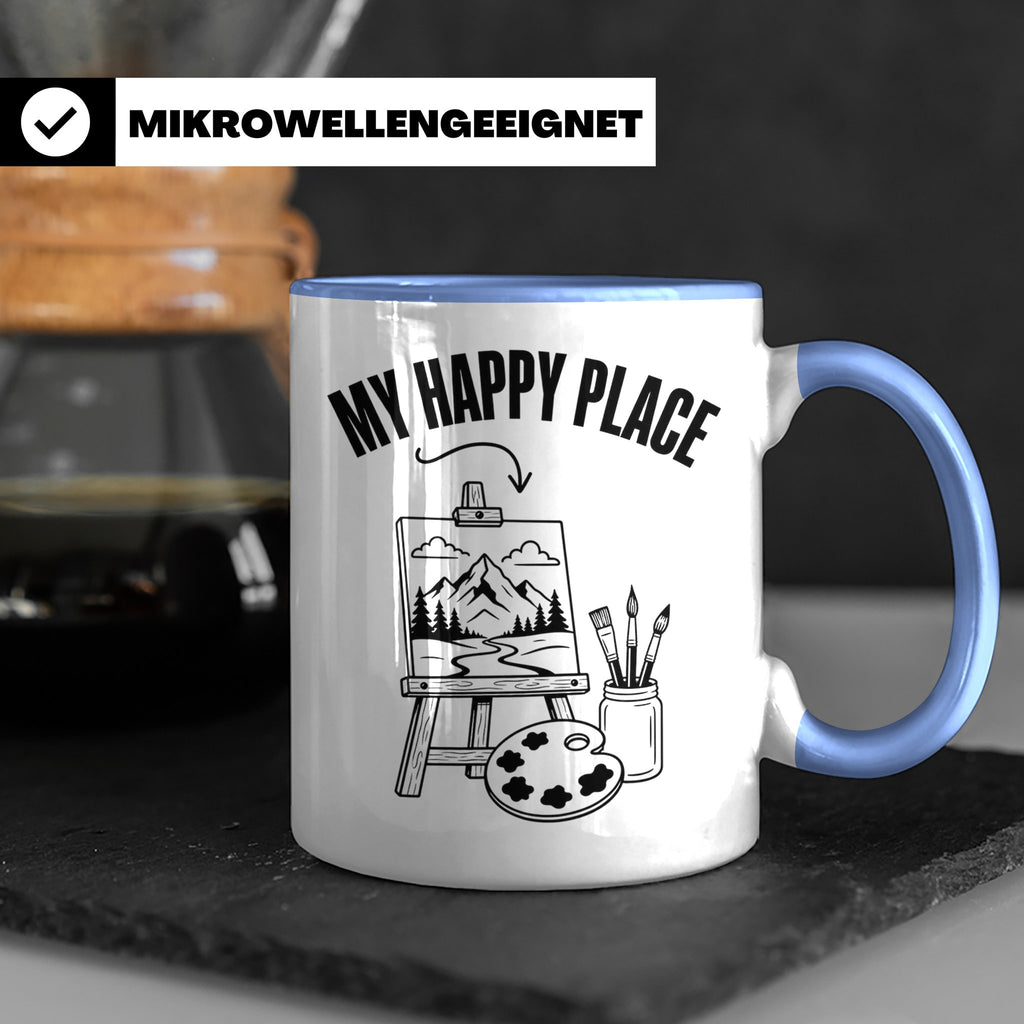 Maler Tasse My Happy Place mit Staffelei & Landschaftsmotiv  – Blau [farbe:blau]