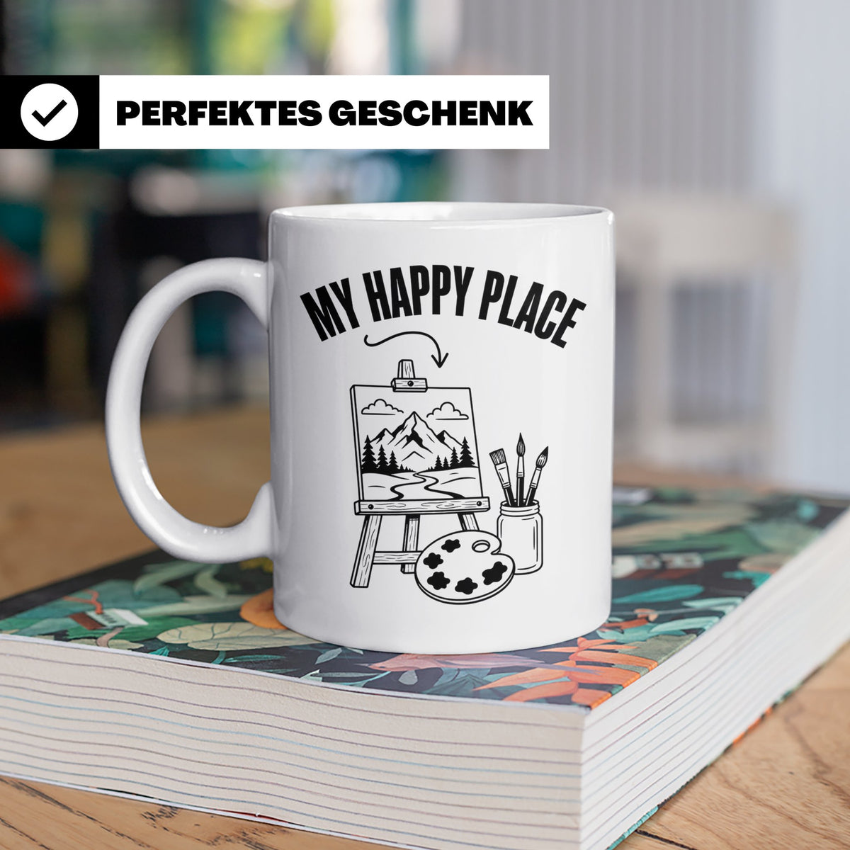 Maler Tasse My Happy Place mit Staffelei & Landschaftsmotiv  – Weiß [farbe:weiß]