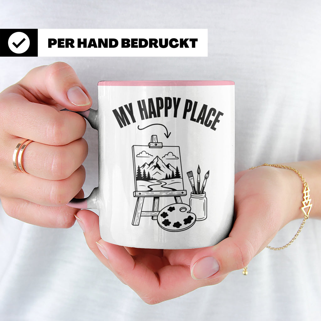Maler Tasse My Happy Place mit Staffelei & Landschaftsmotiv  – Rosa [farbe:rosa]