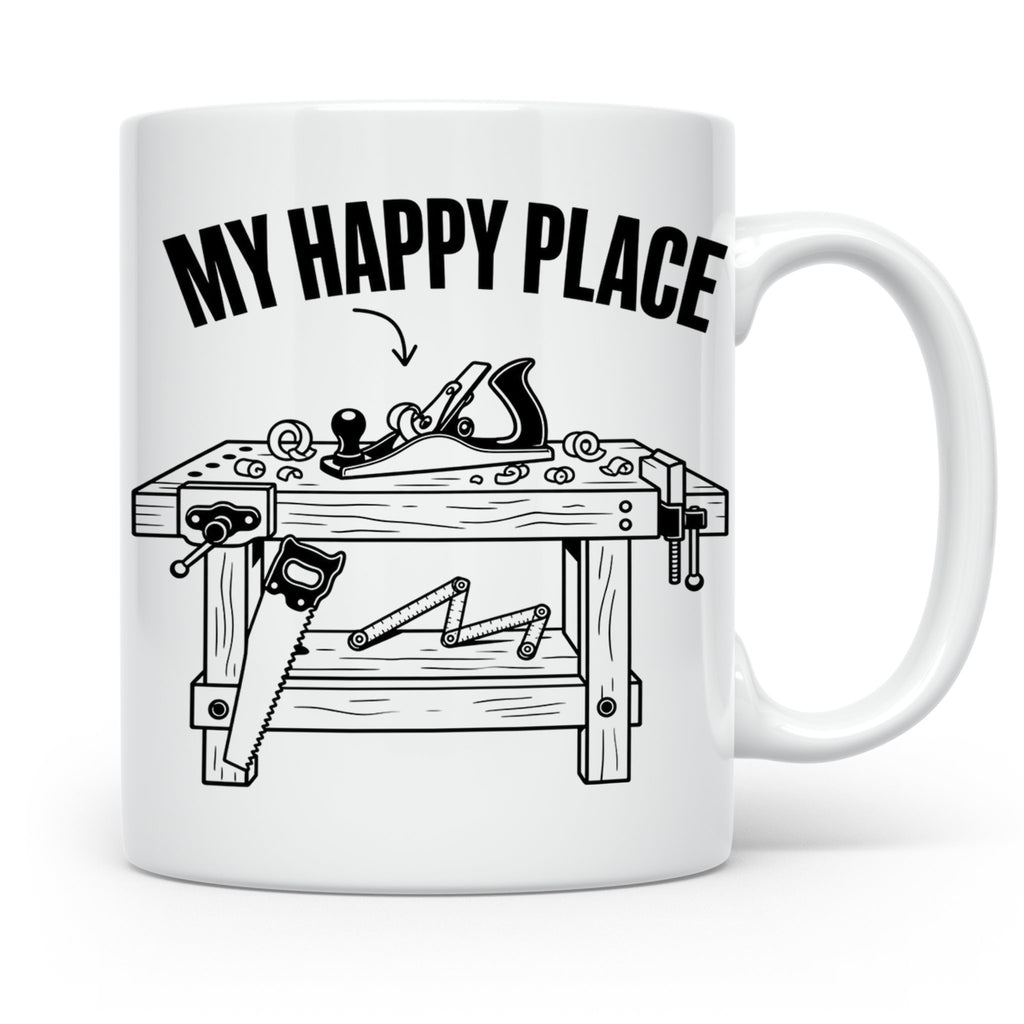 Holzarbeiten Tasse My Happy Place, lustiger Werkstatt Spruch – Weiß [farbe:weiß]