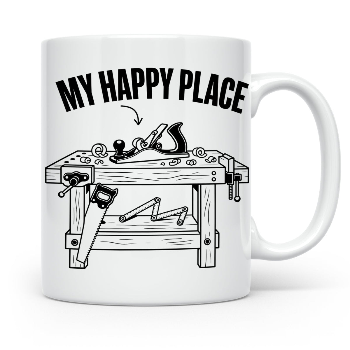 Holzarbeiten Tasse My Happy Place, lustiger Werkstatt Spruch – Weiß [farbe:weiß]