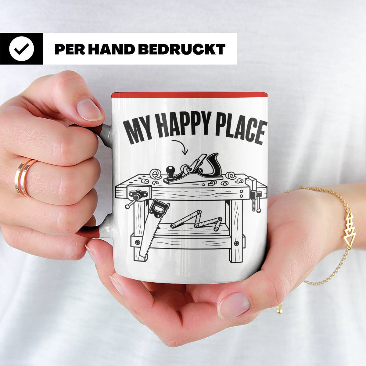 Holzarbeiten Tasse My Happy Place, lustiger Werkstatt Spruch – Rot [farbe:rot]