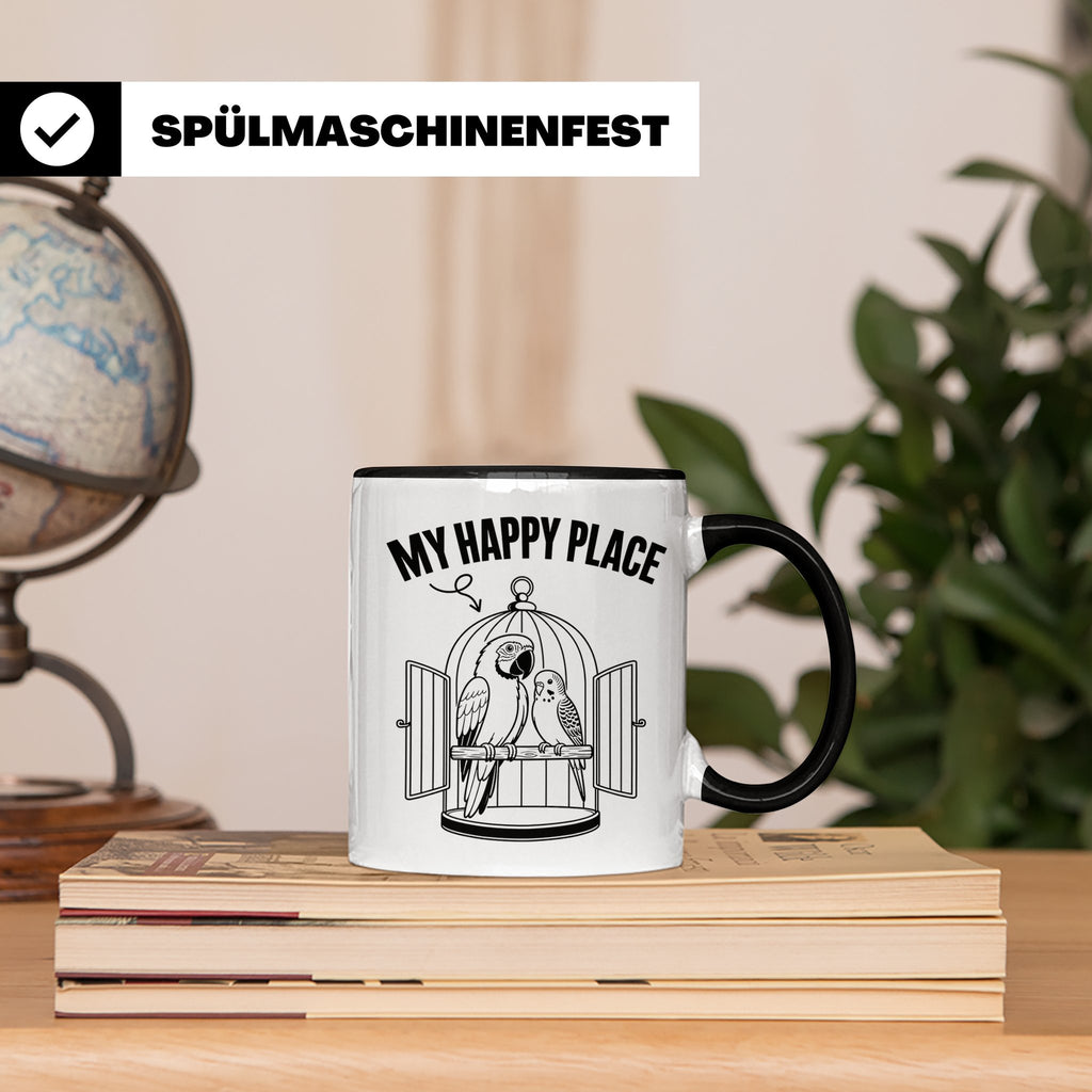 Papagei Tasse My Happy Place Vogelkäfig Spruch Geschenk für  – Schwarz [farbe:schwarz]