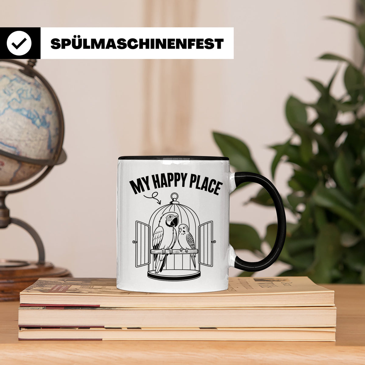 Papagei Tasse My Happy Place Vogelkäfig Spruch Geschenk für  – Schwarz [farbe:schwarz]