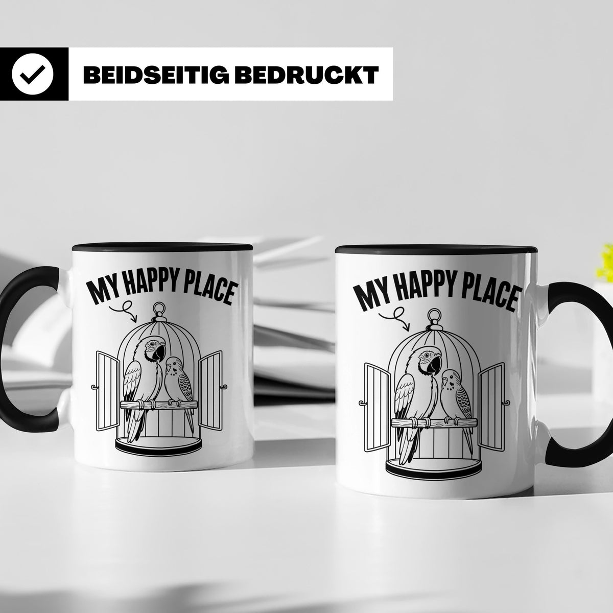 Papagei Tasse My Happy Place Vogelkäfig Spruch Geschenk für  – Schwarz [farbe:schwarz]