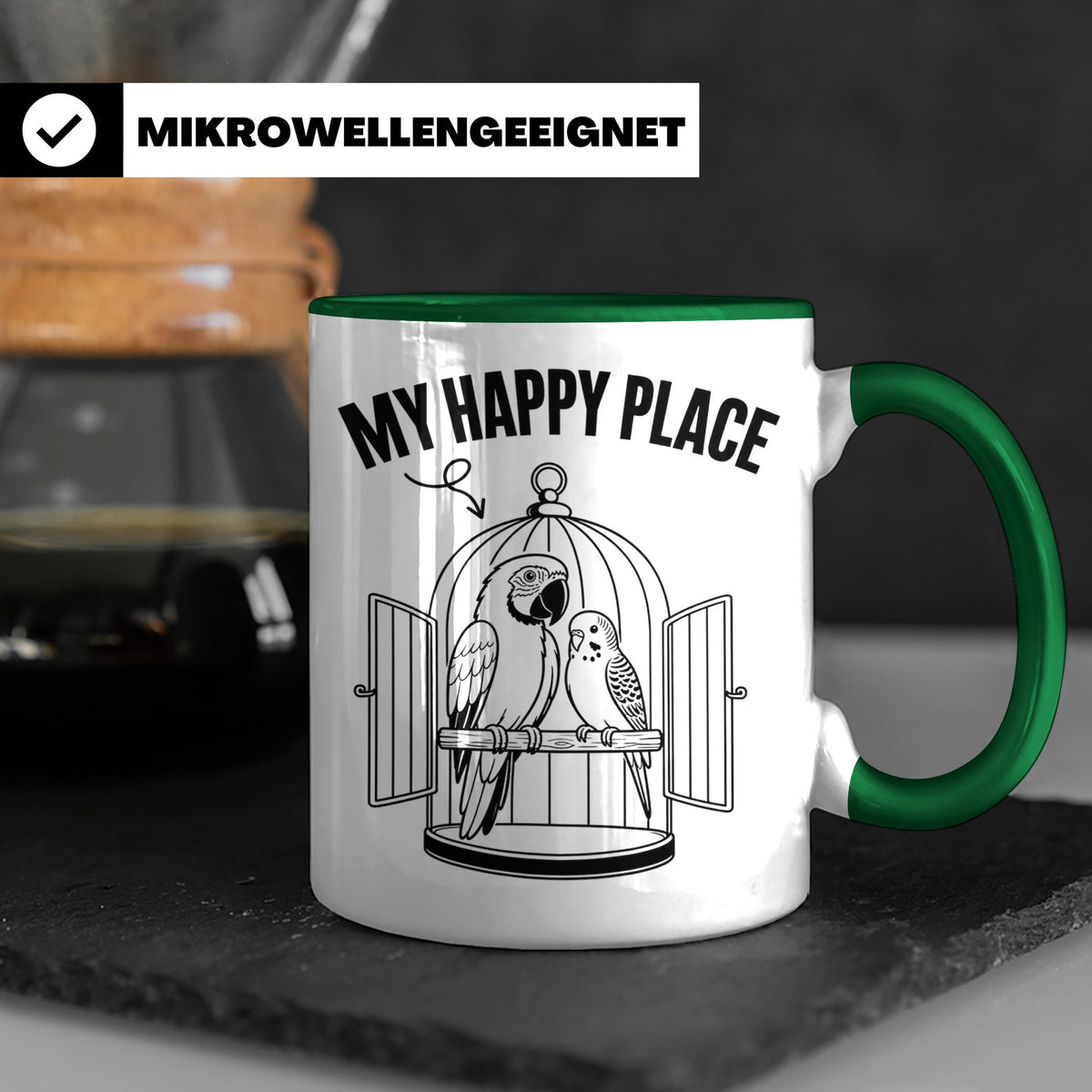 Papagei Tasse My Happy Place Vogelkäfig Spruch Geschenk für  – Grün [farbe:grün]