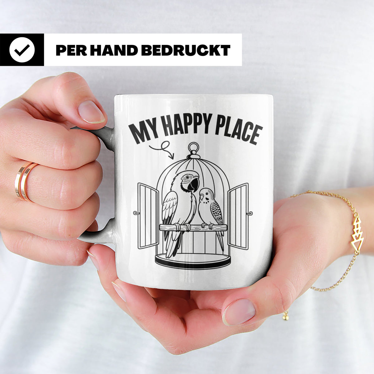 Papagei Tasse My Happy Place Vogelkäfig Spruch Geschenk für  – Weiß [farbe:weiß]