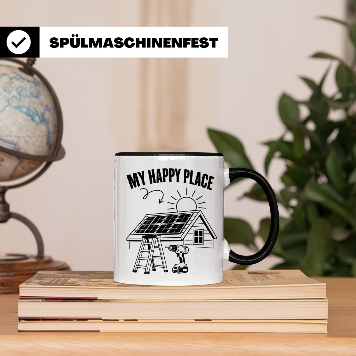 Solaranlage Tasse My Happy Place Spruch Photovoltaik DIY Han – Schwarz [farbe:schwarz]