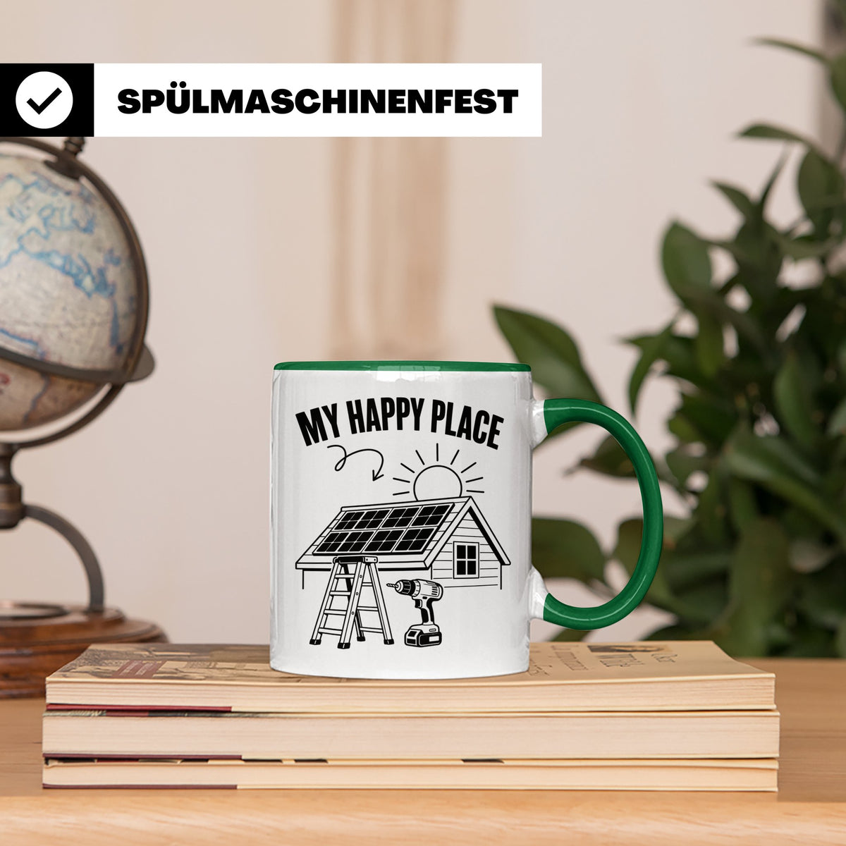 Solaranlage Tasse My Happy Place Spruch Photovoltaik DIY Han – Grün [farbe:grün]