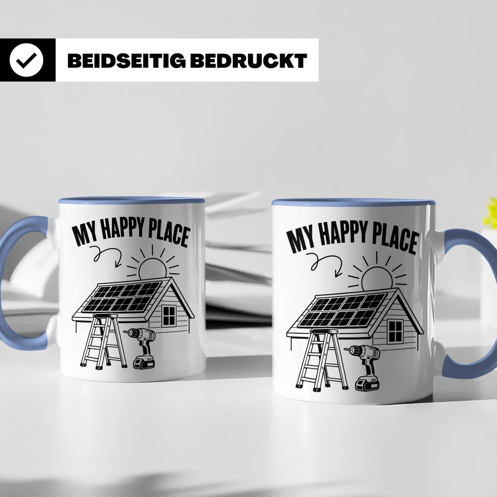 Solaranlage Tasse My Happy Place Spruch Photovoltaik DIY Han – Blau [farbe:blau]