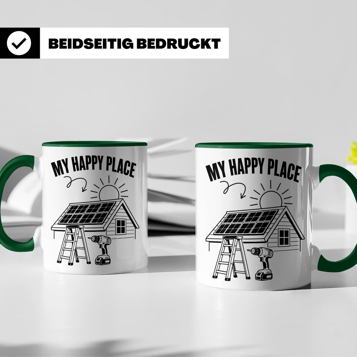 Solaranlage Tasse My Happy Place Spruch Photovoltaik DIY Han – Grün [farbe:grün]