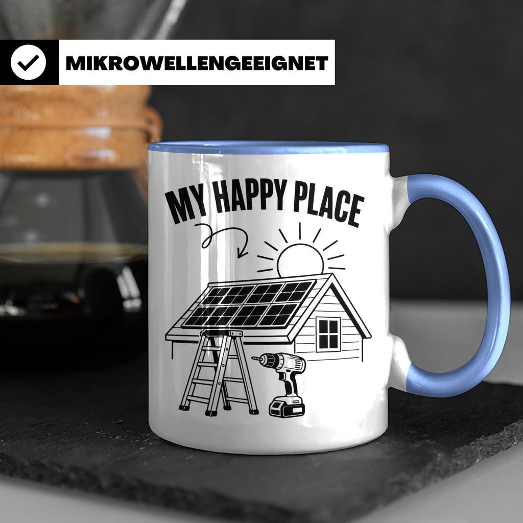 Solaranlage Tasse My Happy Place Spruch Photovoltaik DIY Han – Blau [farbe:blau]