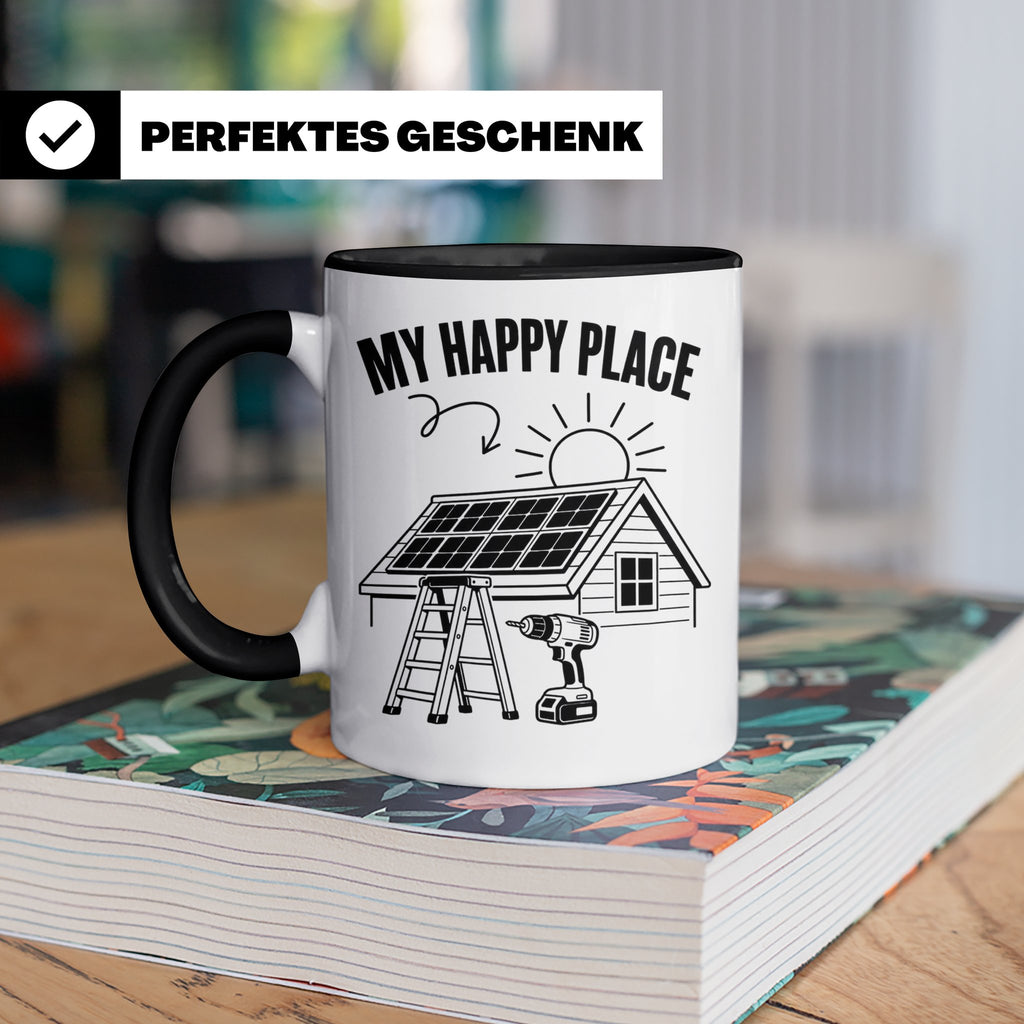 Solaranlage Tasse My Happy Place Spruch Photovoltaik DIY Han – Schwarz [farbe:schwarz]