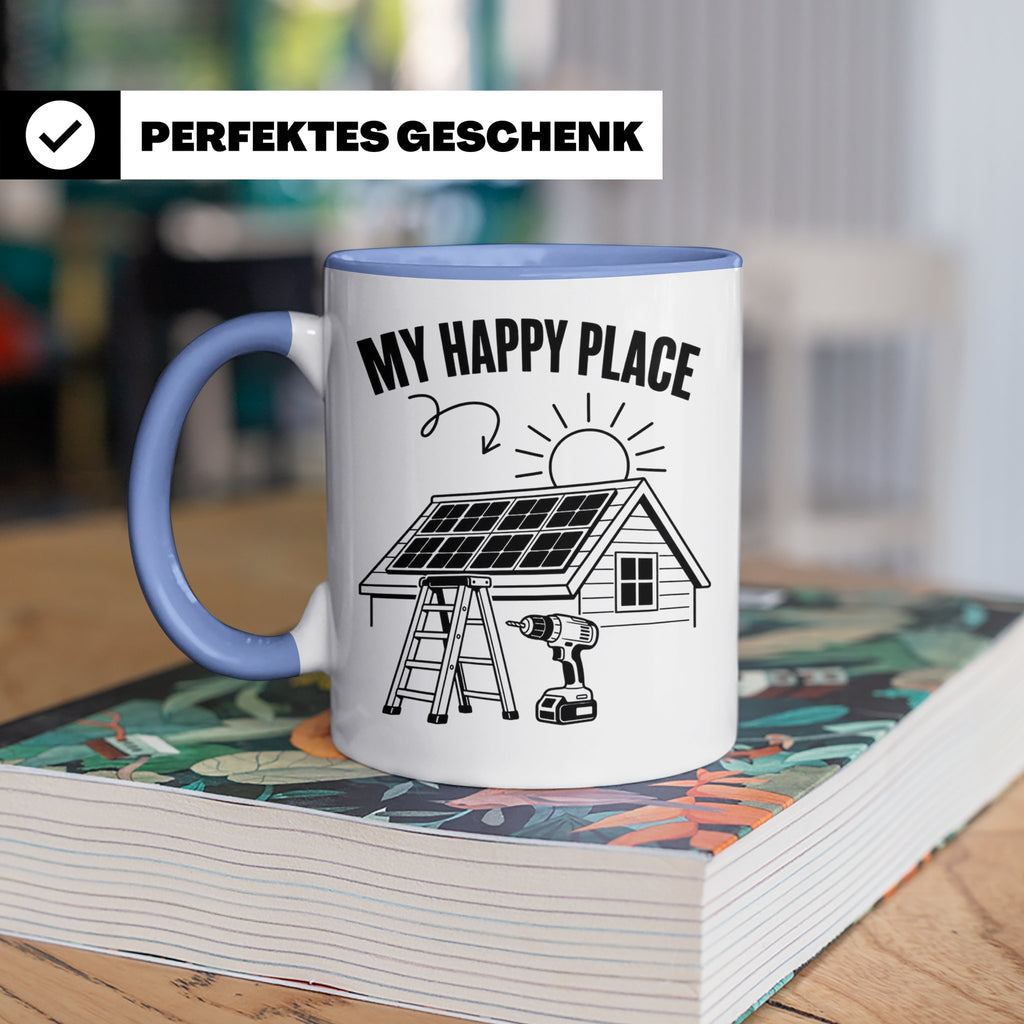 Solaranlage Tasse My Happy Place Spruch Photovoltaik DIY Han – Blau [farbe:blau]