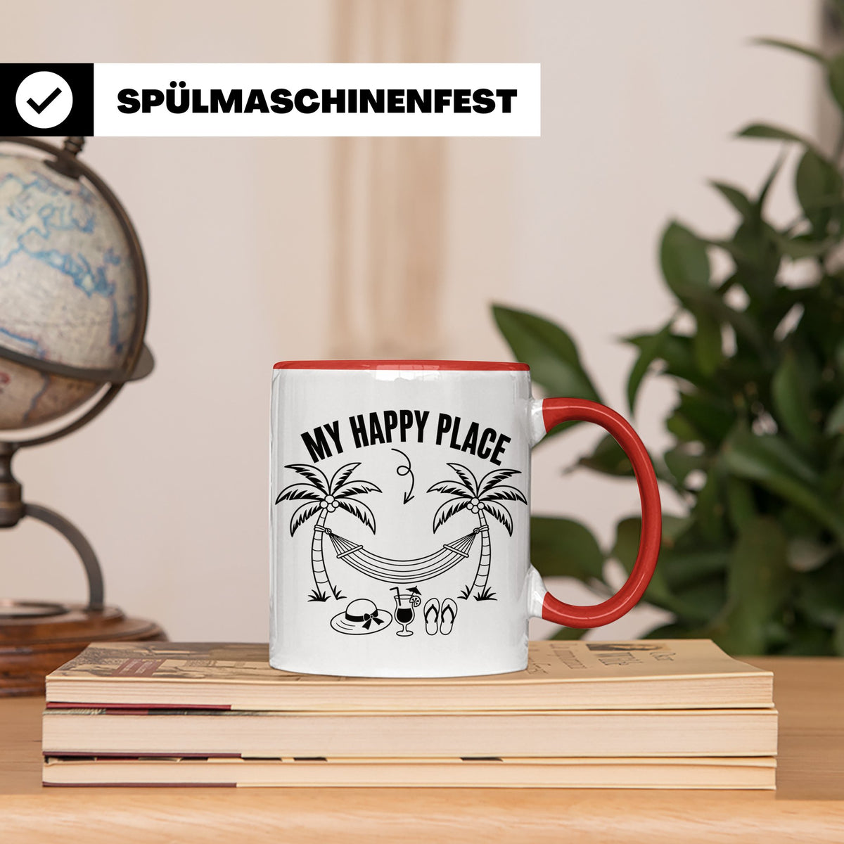 My Happy Place Tasse mit Palmen & Hängematte, Strand Motiv f – Rot [farbe:rot]