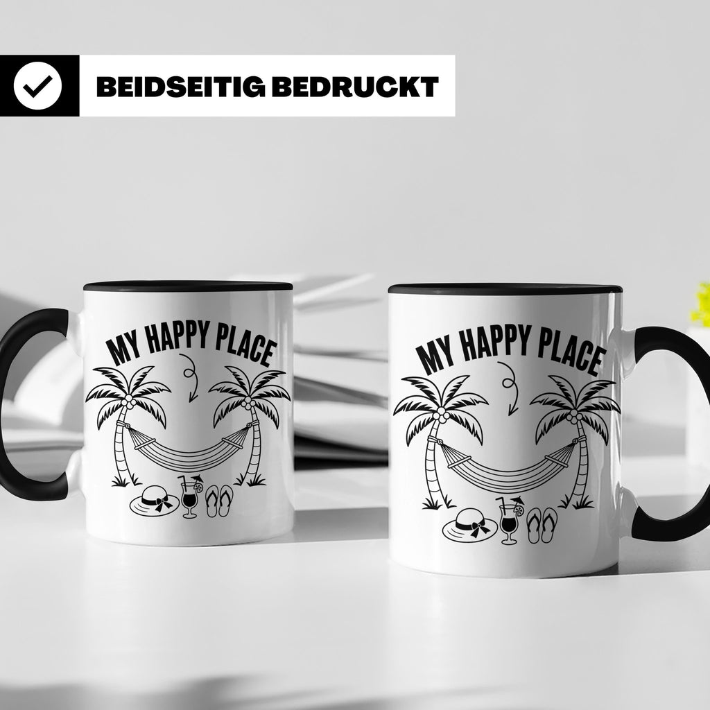 My Happy Place Tasse mit Palmen & Hängematte, Strand Motiv f – Schwarz [farbe:schwarz]