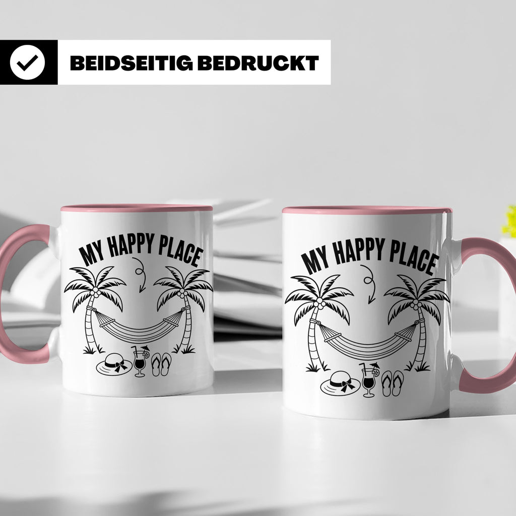 My Happy Place Tasse mit Palmen & Hängematte, Strand Motiv f – Rosa [farbe:rosa]