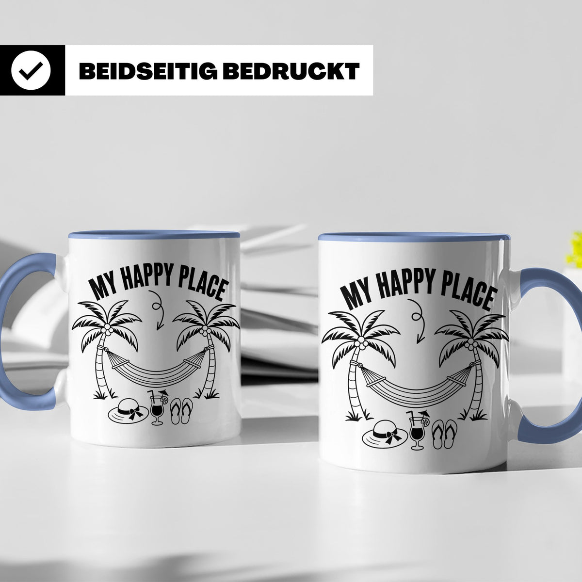 My Happy Place Tasse mit Palmen & Hängematte, Strand Motiv f – Blau [farbe:blau]