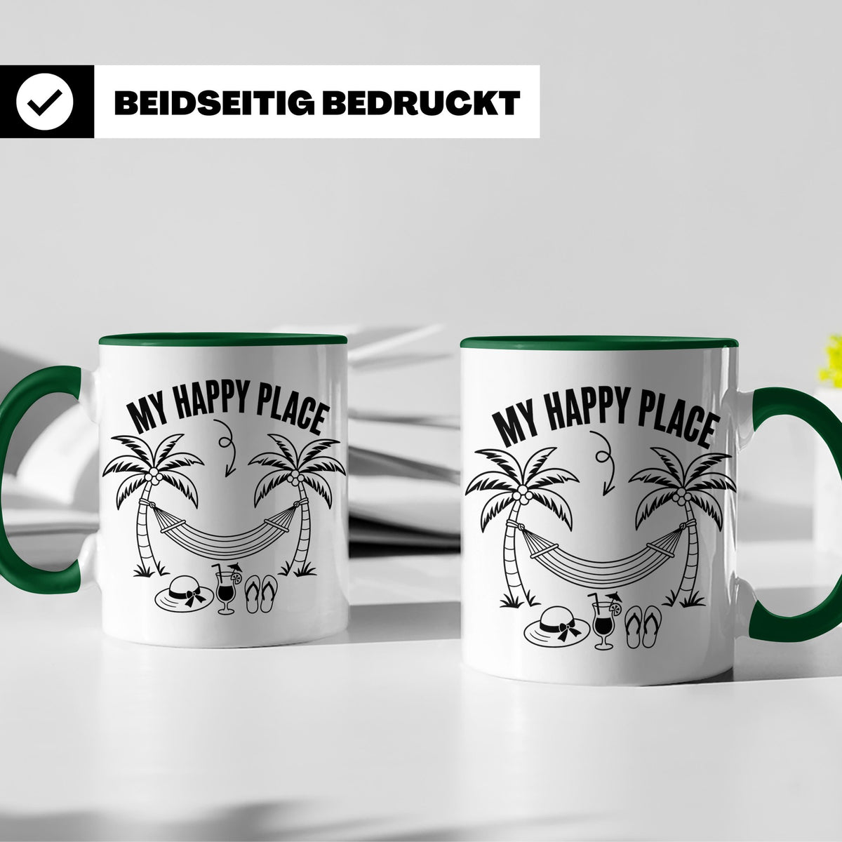 My Happy Place Tasse mit Palmen & Hängematte, Strand Motiv f – Grün [farbe:grün]