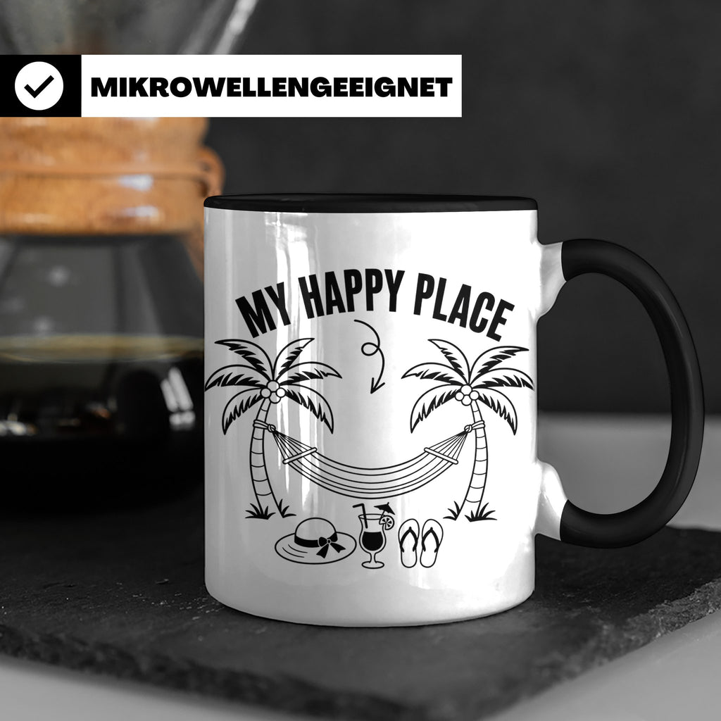 My Happy Place Tasse mit Palmen & Hängematte, Strand Motiv f – Schwarz [farbe:schwarz]