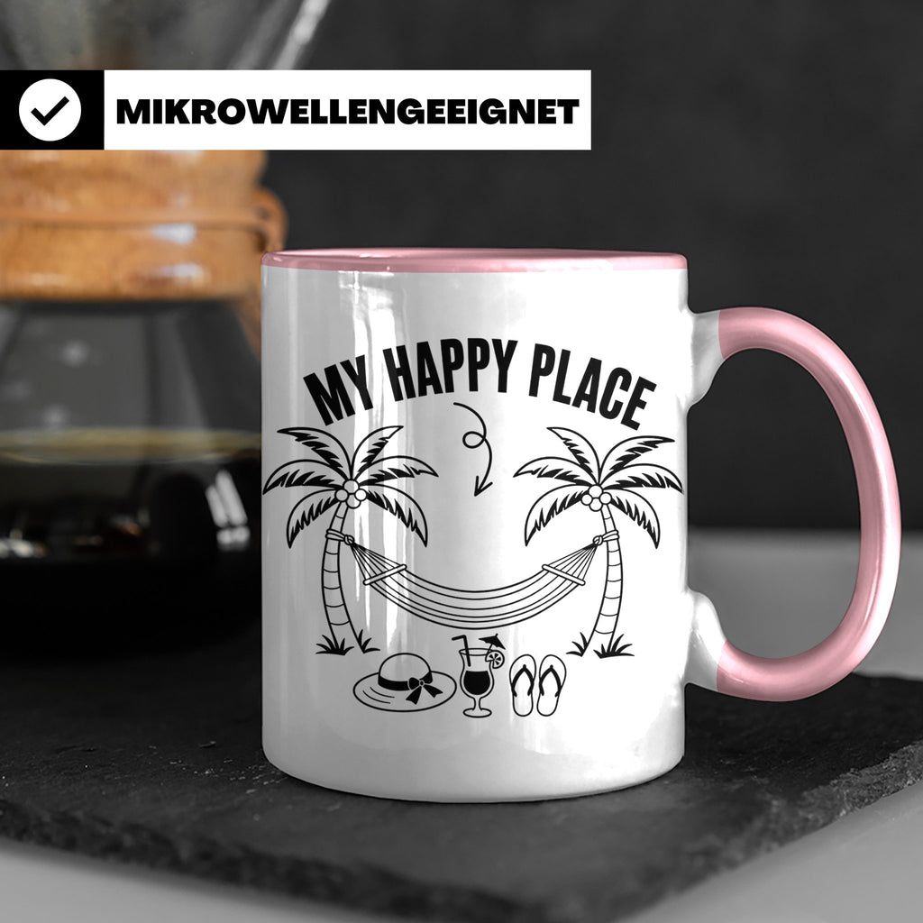 My Happy Place Tasse mit Palmen & Hängematte, Strand Motiv f – Rosa [farbe:rosa]