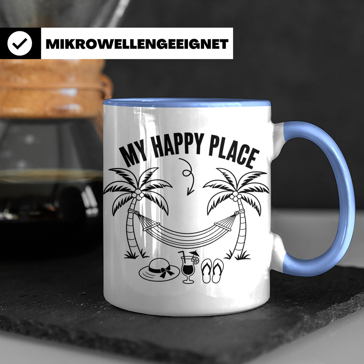 My Happy Place Tasse mit Palmen & Hängematte, Strand Motiv f – Blau [farbe:blau]