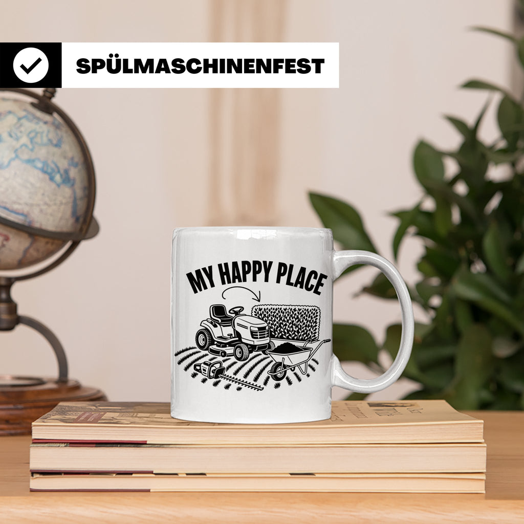 Rasenmäher Tasse mit Spruch My Happy Place Geschenk für Gärt – Weiß [farbe:weiß]