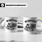 Rasenmäher Tasse mit Spruch My Happy Place Geschenk für Gärt – Weiß [farbe:weiß]