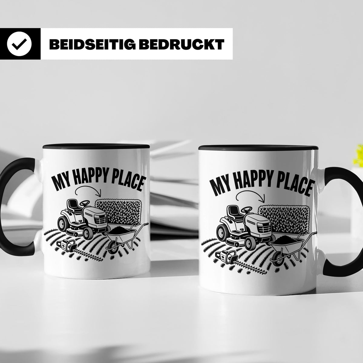 Rasenmäher Tasse mit Spruch My Happy Place Geschenk für Gärt – Schwarz [farbe:schwarz]