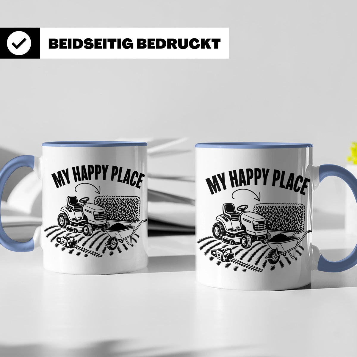 Rasenmäher Tasse mit Spruch My Happy Place Geschenk für Gärt – Blau [farbe:blau]