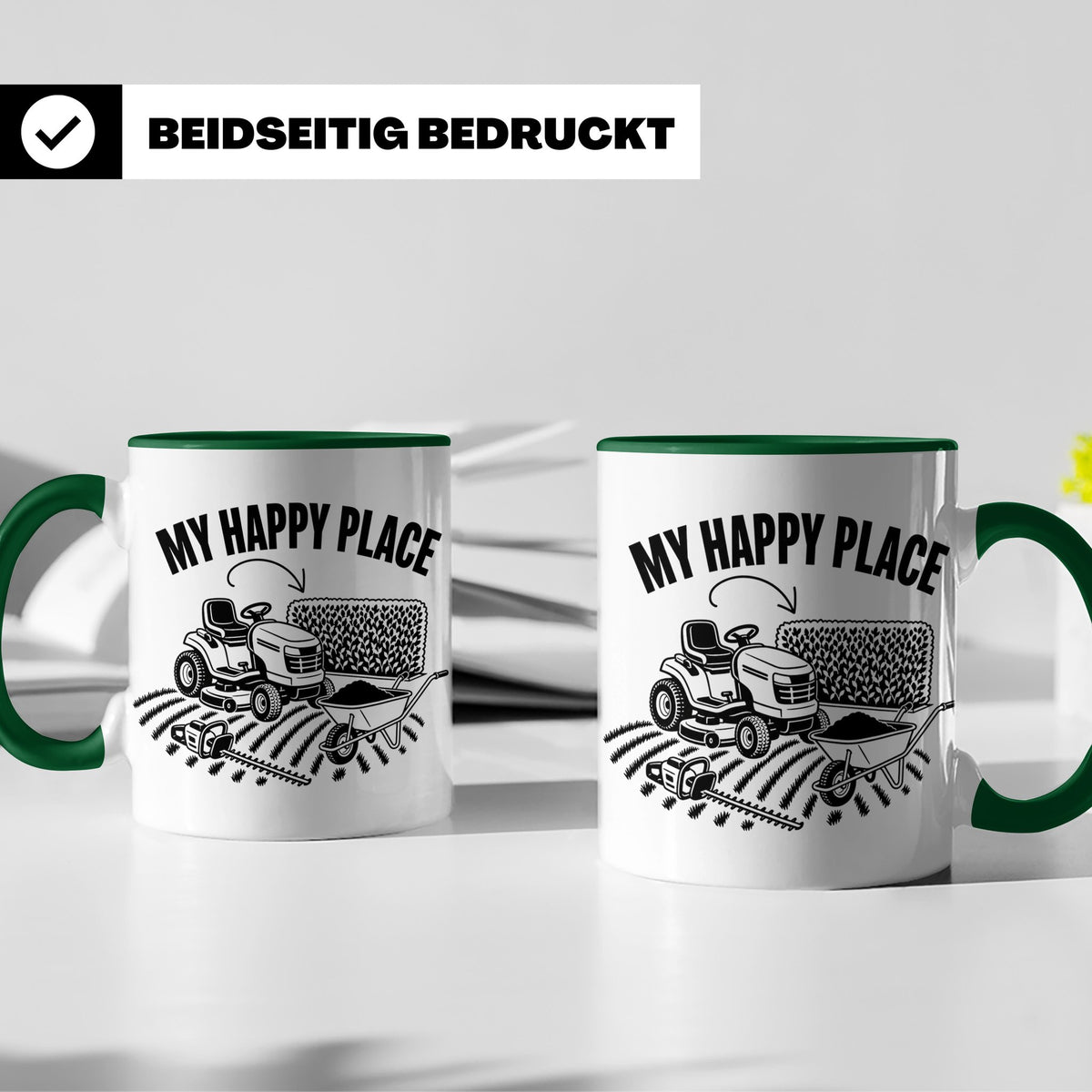 Rasenmäher Tasse mit Spruch My Happy Place Geschenk für Gärt – Grün [farbe:grün]