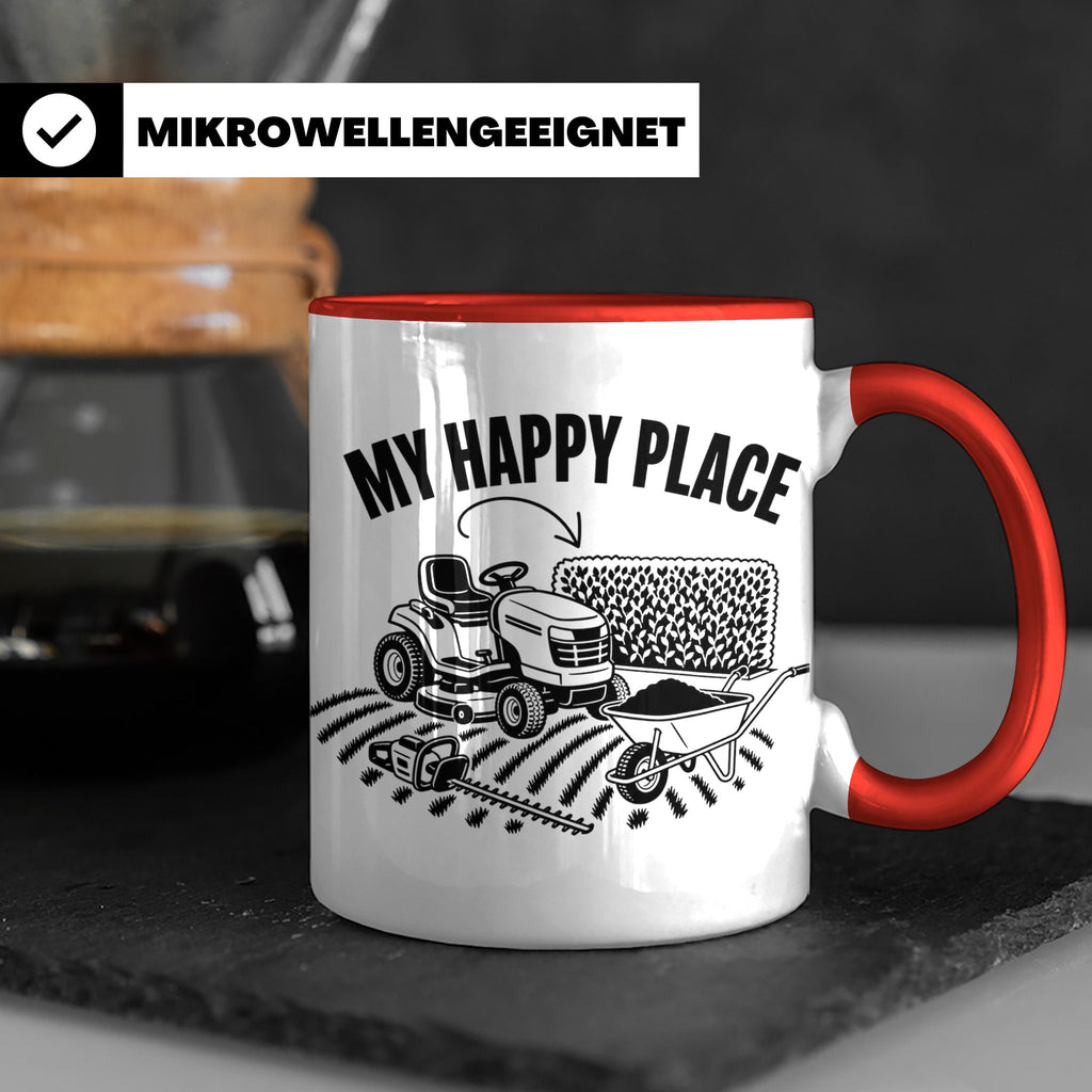 Rasenmäher Tasse mit Spruch My Happy Place Geschenk für Gärt – Rot [farbe:rot]