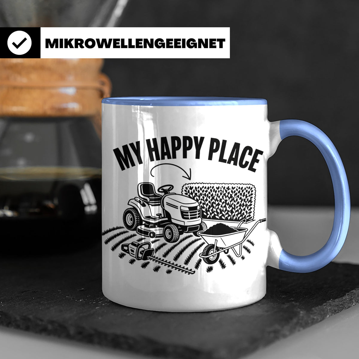 Rasenmäher Tasse mit Spruch My Happy Place Geschenk für Gärt – Blau [farbe:blau]