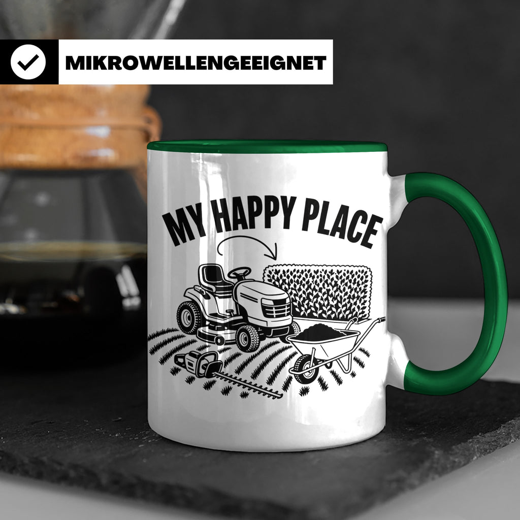 Rasenmäher Tasse mit Spruch My Happy Place Geschenk für Gärt – Grün [farbe:grün]