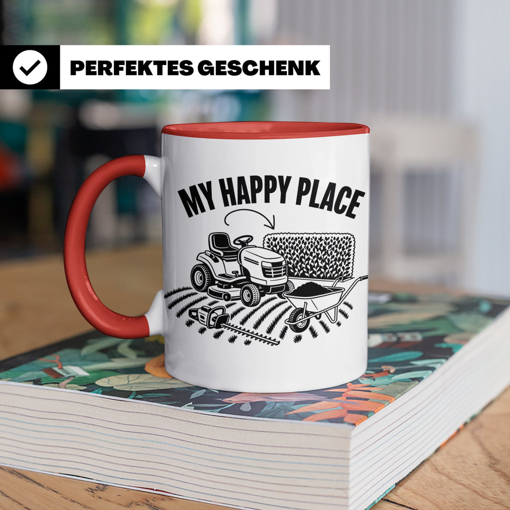 Rasenmäher Tasse mit Spruch My Happy Place Geschenk für Gärt – Rot [farbe:rot]