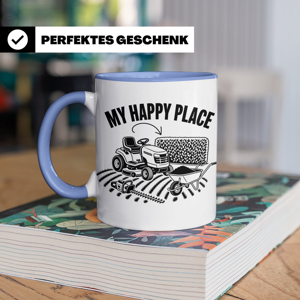 Rasenmäher Tasse mit Spruch My Happy Place Geschenk für Gärt – Blau [farbe:blau]