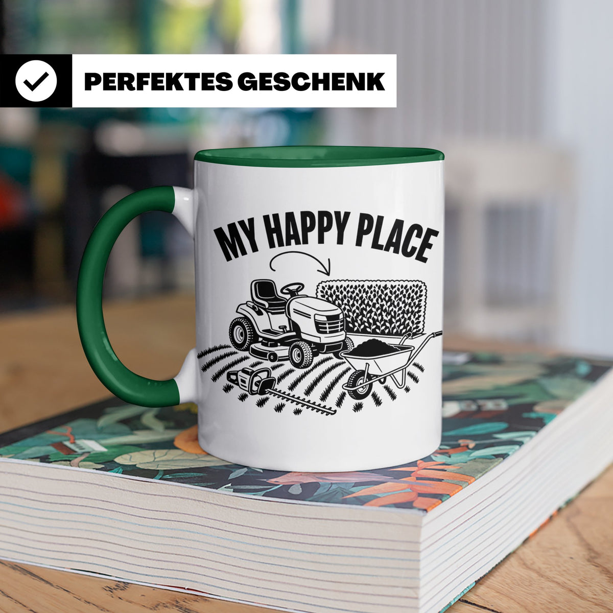 Rasenmäher Tasse mit Spruch My Happy Place Geschenk für Gärt – Grün [farbe:grün]