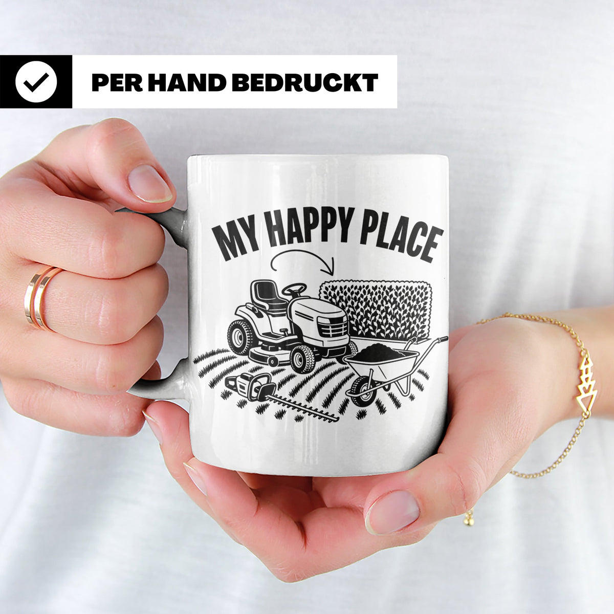 Rasenmäher Tasse mit Spruch My Happy Place Geschenk für Gärt – Weiß [farbe:weiß]