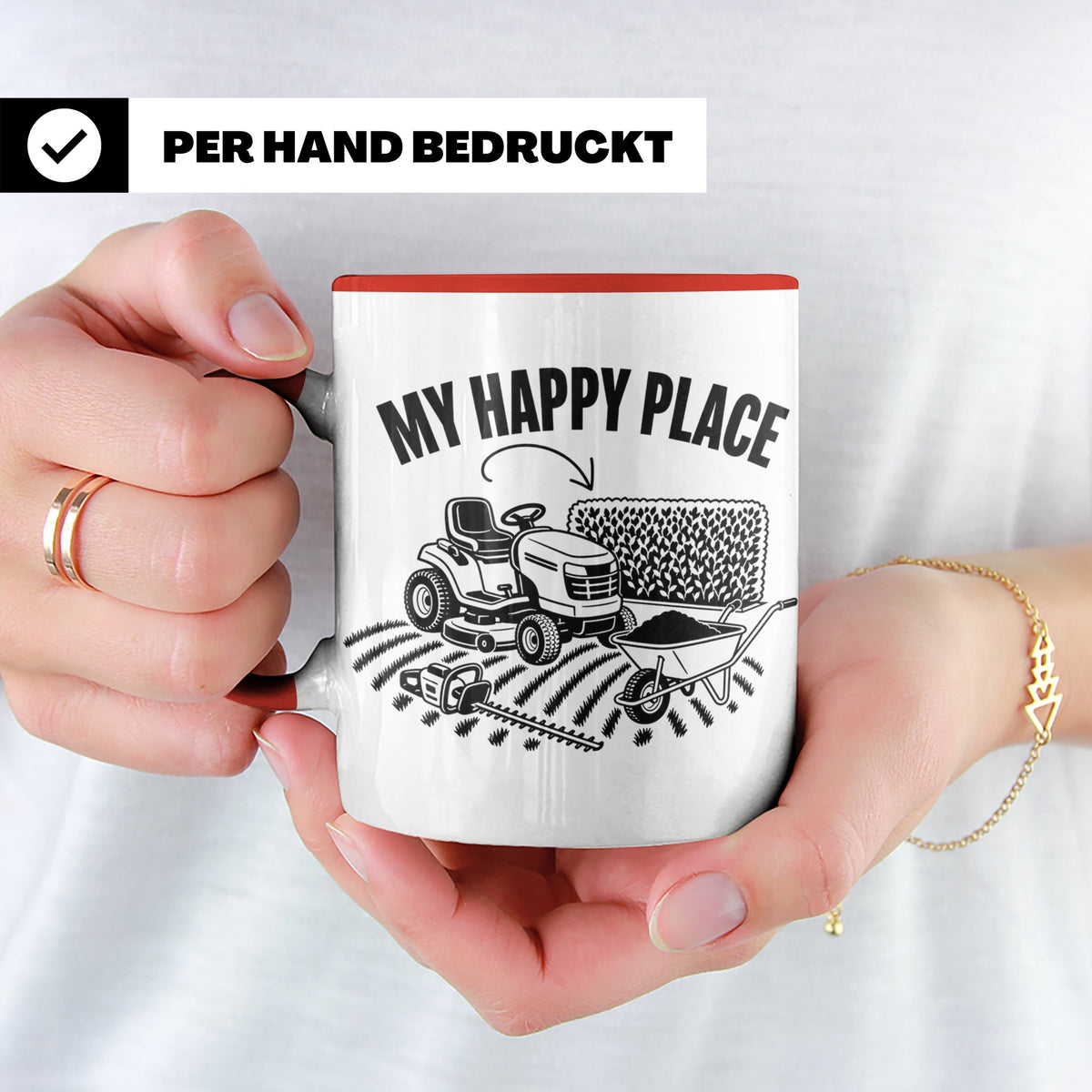 Rasenmäher Tasse mit Spruch My Happy Place Geschenk für Gärt – Rot [farbe:rot]